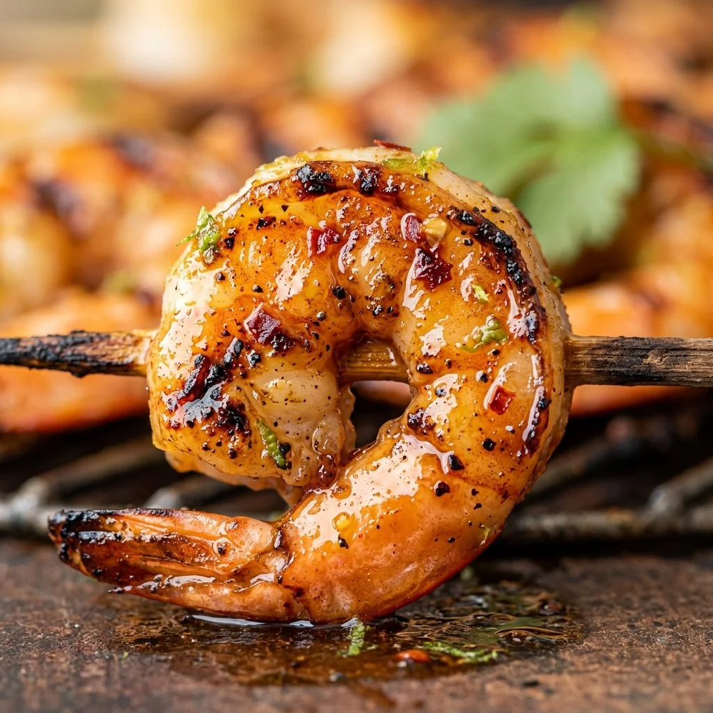 Grilled shrimp skewers drizzled with hot honey lime sauce on a serving platter.