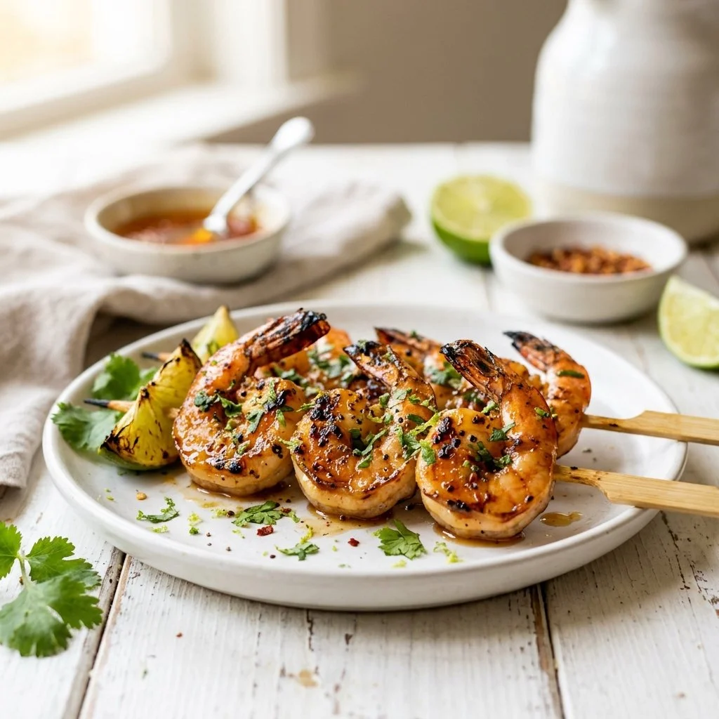 Grilled Shrimp Skewers with Hot Honey Lime