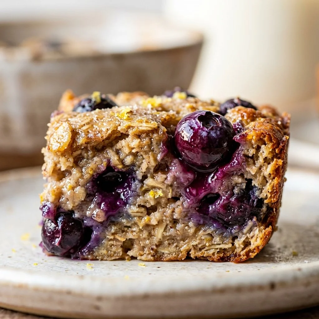 High-protein baked oats topped with lemon and blueberries in a bowl