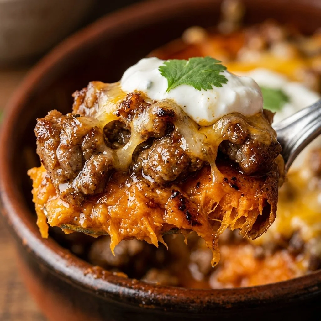 High-Protein Beef Stuffed Sweet Potato Boats topped with fresh ingredients