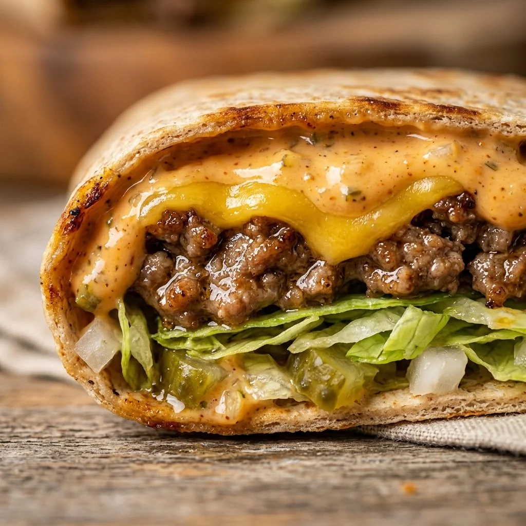 High-Protein Big Mac Taco wrap filled with beef, cheese, and fresh toppings