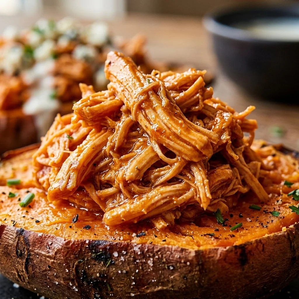 High-protein buffalo chicken stuffed inside sweet potatoes for a nutritious meal