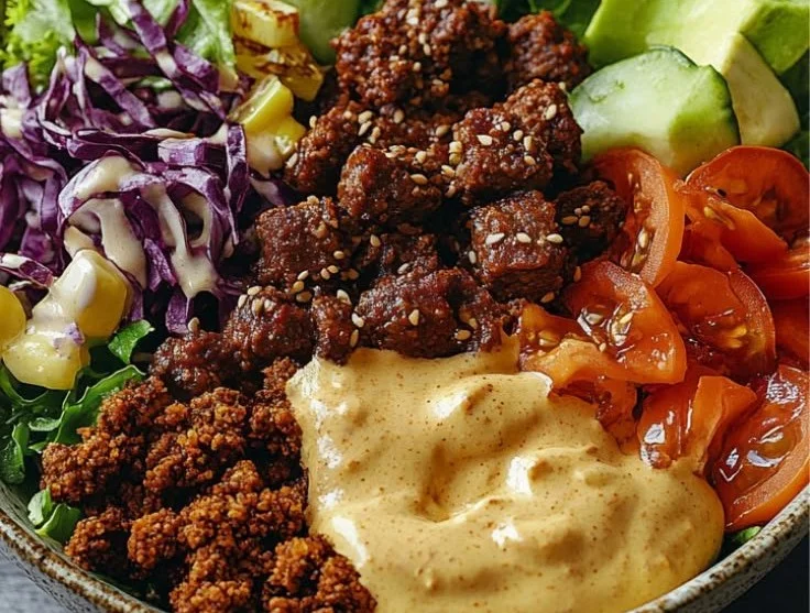High-protein burger bowls with fresh ingredients and vibrant toppings.