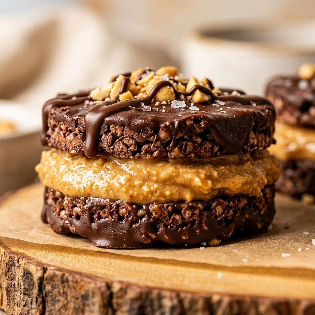 High-protein peanut butter cup rice cake sliders stacked on a plate