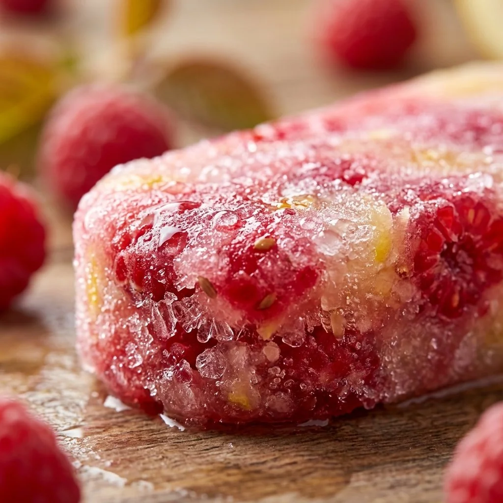 High-protein raspberry lemonade popsicles on a wooden stick