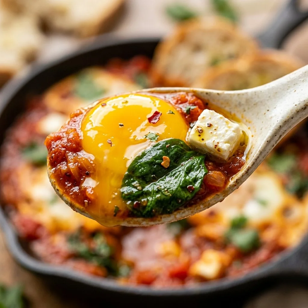 High-Protein Shakshuka with Feta and Spinach served in a skillet