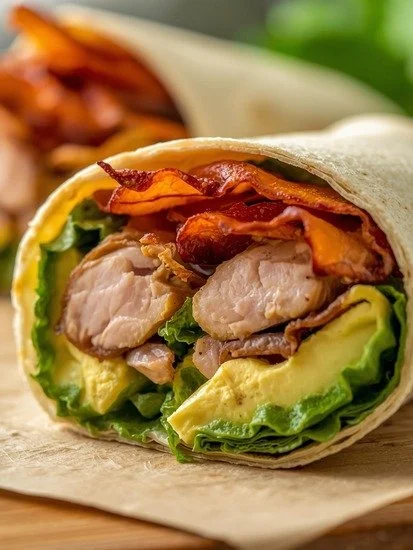 High-Protein Turkey Avocado Bacon Wrap with fresh ingredients