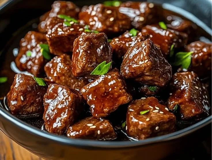 Honey Garlic Beef cubes simmered in a savory sauce, served in a bowl.