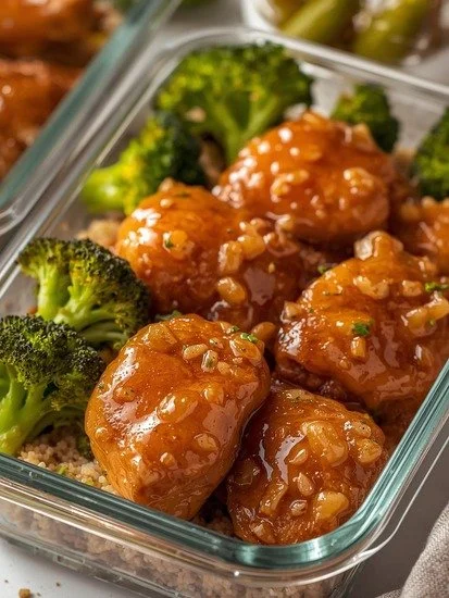 Honey Garlic Chicken and Broccoli meal prep dish ready to serve