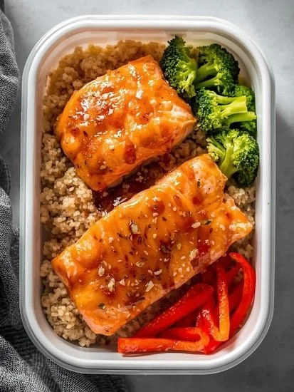 Honey garlic salmon meal prep bowl with vegetables and rice