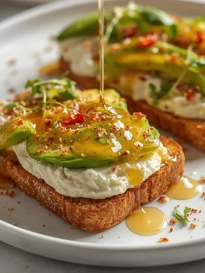 Delicious Hot Honey Avocado Cottage Cheese Toast topped with drizzled honey.