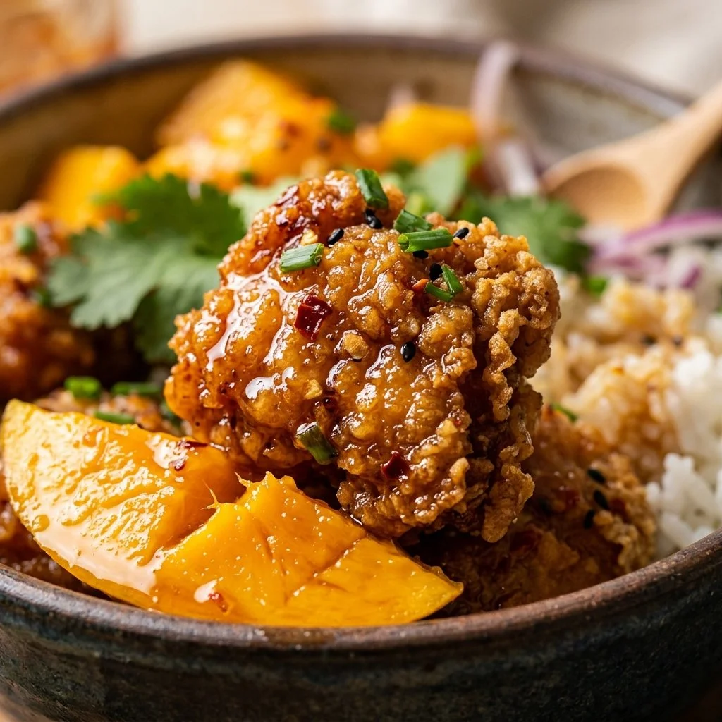 Hot Honey Crispy Chicken and Mango Bowl featuring crispy chicken and fresh mango.