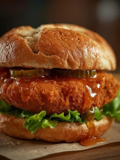 Hot Honey Fried Chicken sandwich on sourdough bread with a side of fries.