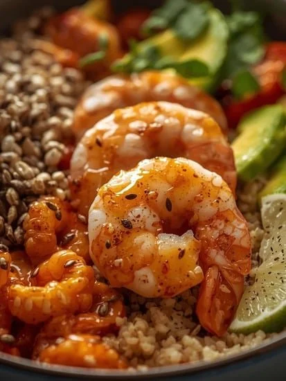 Hot honey glazed shrimp served over quinoa in a vibrant bowl
