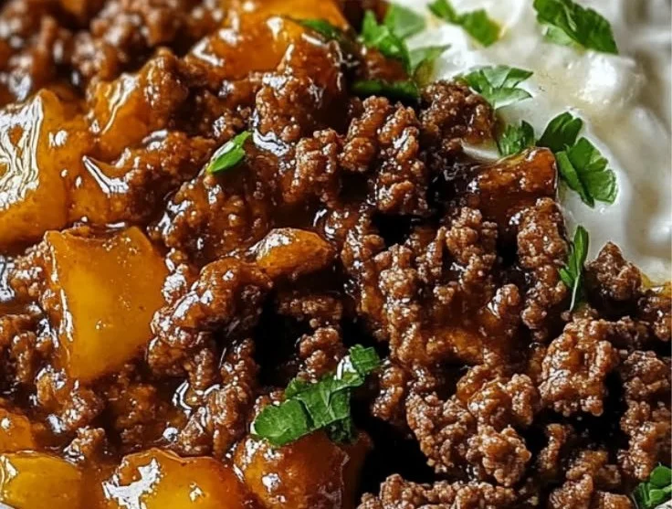 Delicious Hot Honey Ground Beef Bowl topped with fresh herbs and spices.