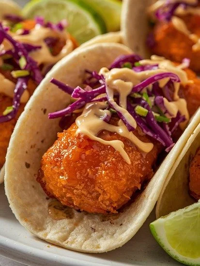 Hot honey salmon tacos served with fresh slaw and garnishes.