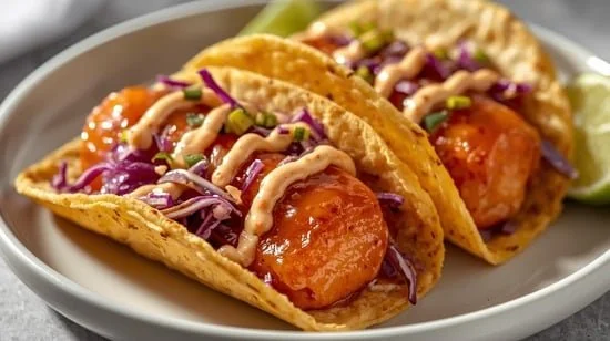 Hot Honey Salmon Tacos with Slaw