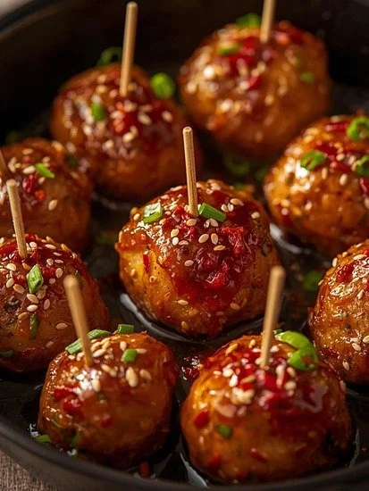 Hot honey turkey meatballs drizzled with sweet and spicy sauce