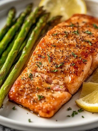 Lemon pepper air fryer salmon served with asparagus on a plate