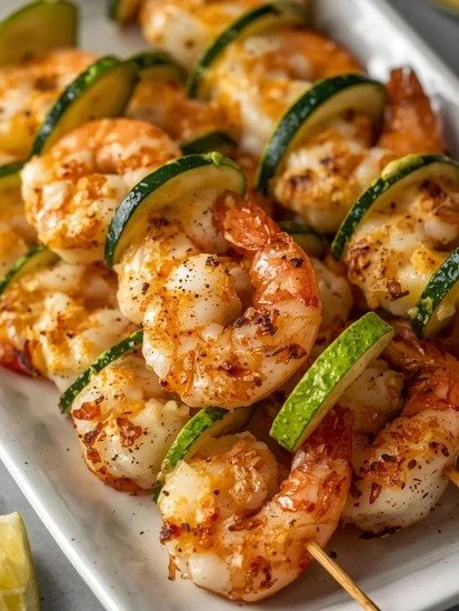 Lemon pepper shrimp skewers with zucchini on a grilling platter