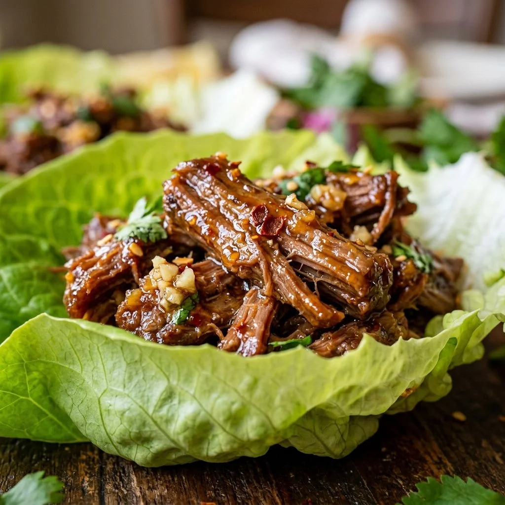 Lettuce cups filled with hot honey garlic shredded beef served on a plate