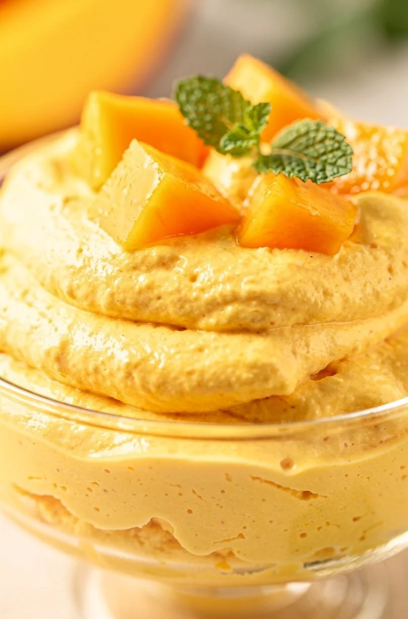Mango Protein Fluff served in a bowl, showcasing its creamy texture and vibrant color.