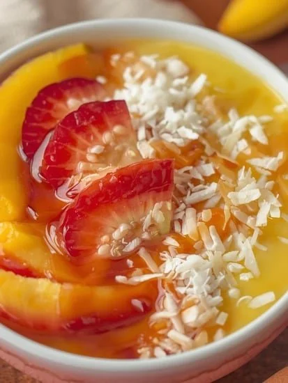 Delicious and vibrant Mango Tropical Smoothie Bowl topped with fresh fruits