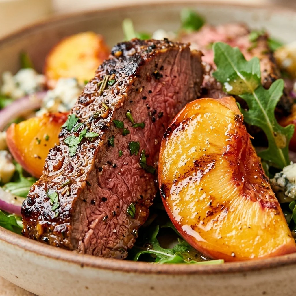 Marinated steak and peach summer salad bowl for a refreshing meal.