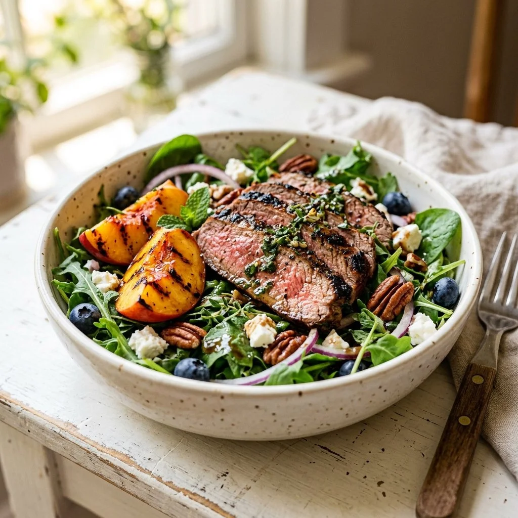 Marinated Steak and Peach Summer Salad Bowl