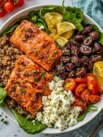 Mediterranean Salmon and Quinoa Bowl topped with fresh vegetables and herbs.