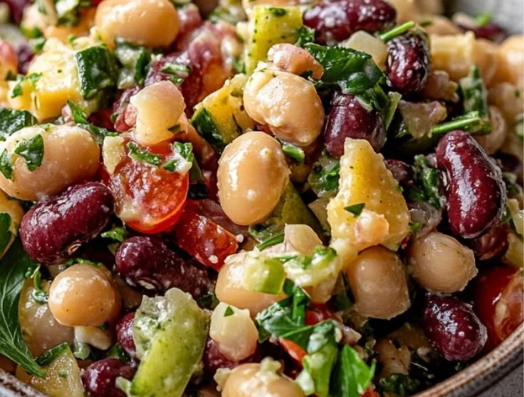 Colorful Mediterranean three-bean salad with fresh vegetables and herbs