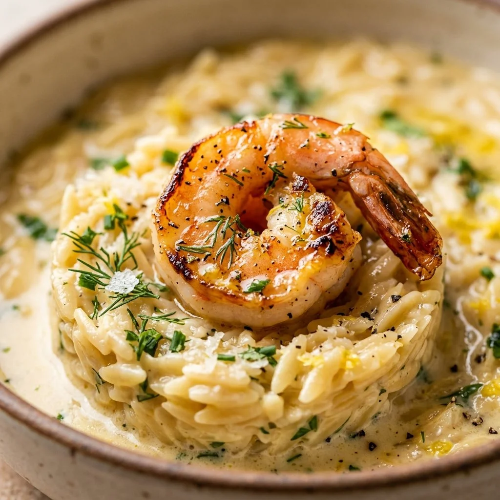 One-pot creamy lemon herb shrimp orzo served in a bowl.