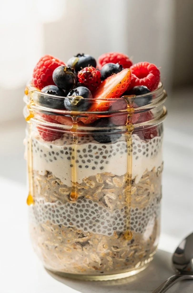 Bowl of overnight proats topped with chia seeds and fresh berries