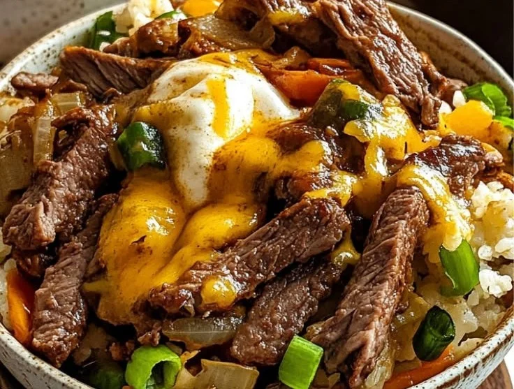 Delicious Philly Cheesesteak Bowls topped with peppers and onions