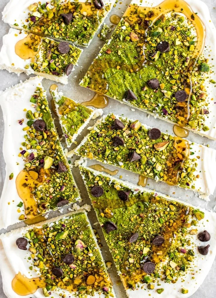 Healthy Pistachio Greek Yogurt Bark topped with nuts and fruits
