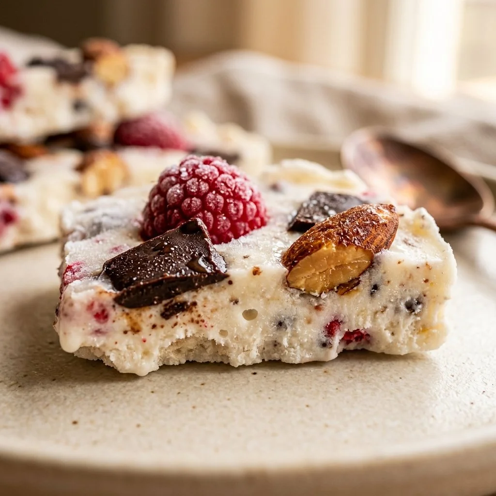 Delicious protein-packed frozen Greek yogurt bark with fruits and nuts