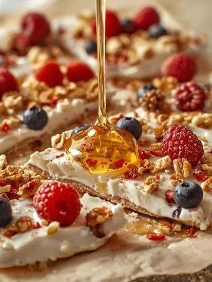 Protein-packed frozen yogurt bark with hot honey drizzle on a plate