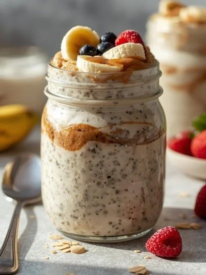 Bowl of protein-packed overnight oats with chia seeds and almond butter