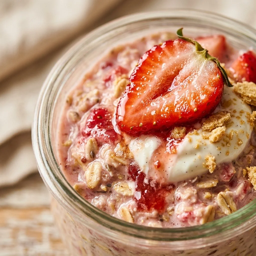 Protein-packed strawberry cheesecake overnight oats topped with fresh strawberries
