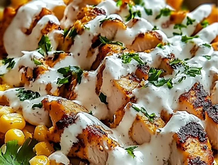 Colorful and nutritious protein-packed street corn chicken bowl with fresh ingredients.