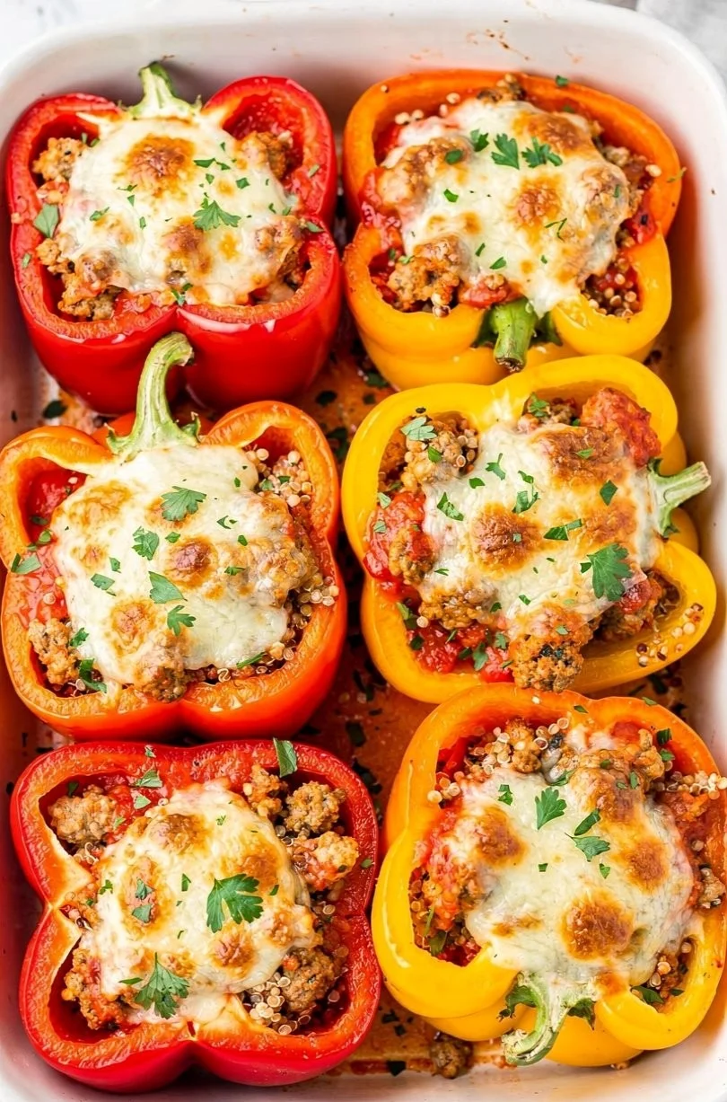 Delicious protein-packed turkey stuffed peppers fresh from the oven.