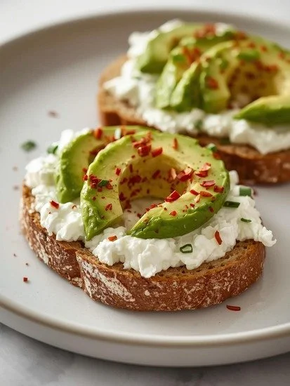 Savory cottage cheese and avocado toast topped with herbs and spices