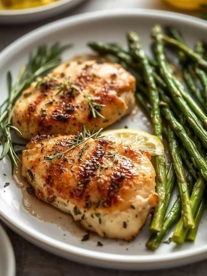 Sheet pan Lemon Herb Chicken served with asparagus and herbs for a flavorful dinner.