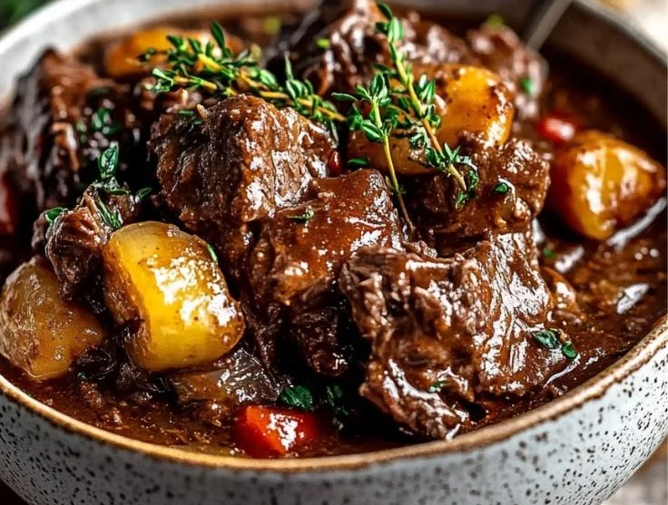 Delicious slow-cooked summer beef casserole in a rustic dish