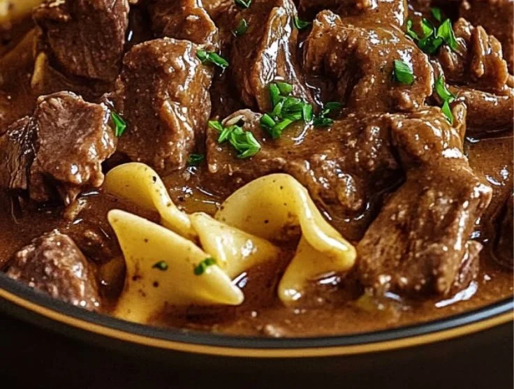 Delicious slow cooker beef and noodles served in a bowl with herbs