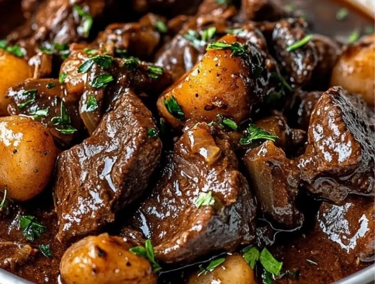 Delicious slow cooker beef bourguignon with tender beef and hearty vegetables