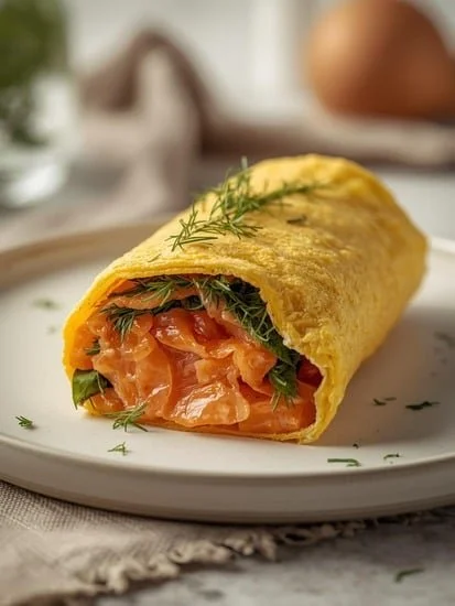 Smoked salmon and dill omelet roll served on a plate