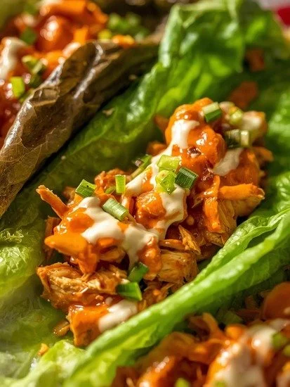 Spicy Buffalo Chicken Lettuce Wraps topped with fresh veggies and sauce