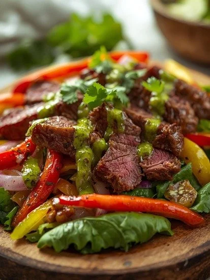 Delicious steak fajita salad with colorful vegetables and cilantro lime dressing