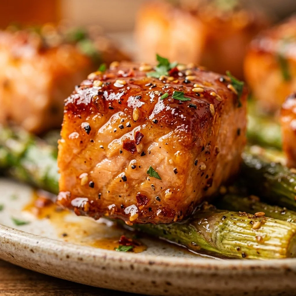 Sticky honey salmon bites served with asparagus on a plate